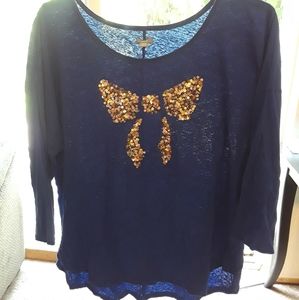 Aerie Lightweight Blue 3/4 Tee Gold Sequins XXL